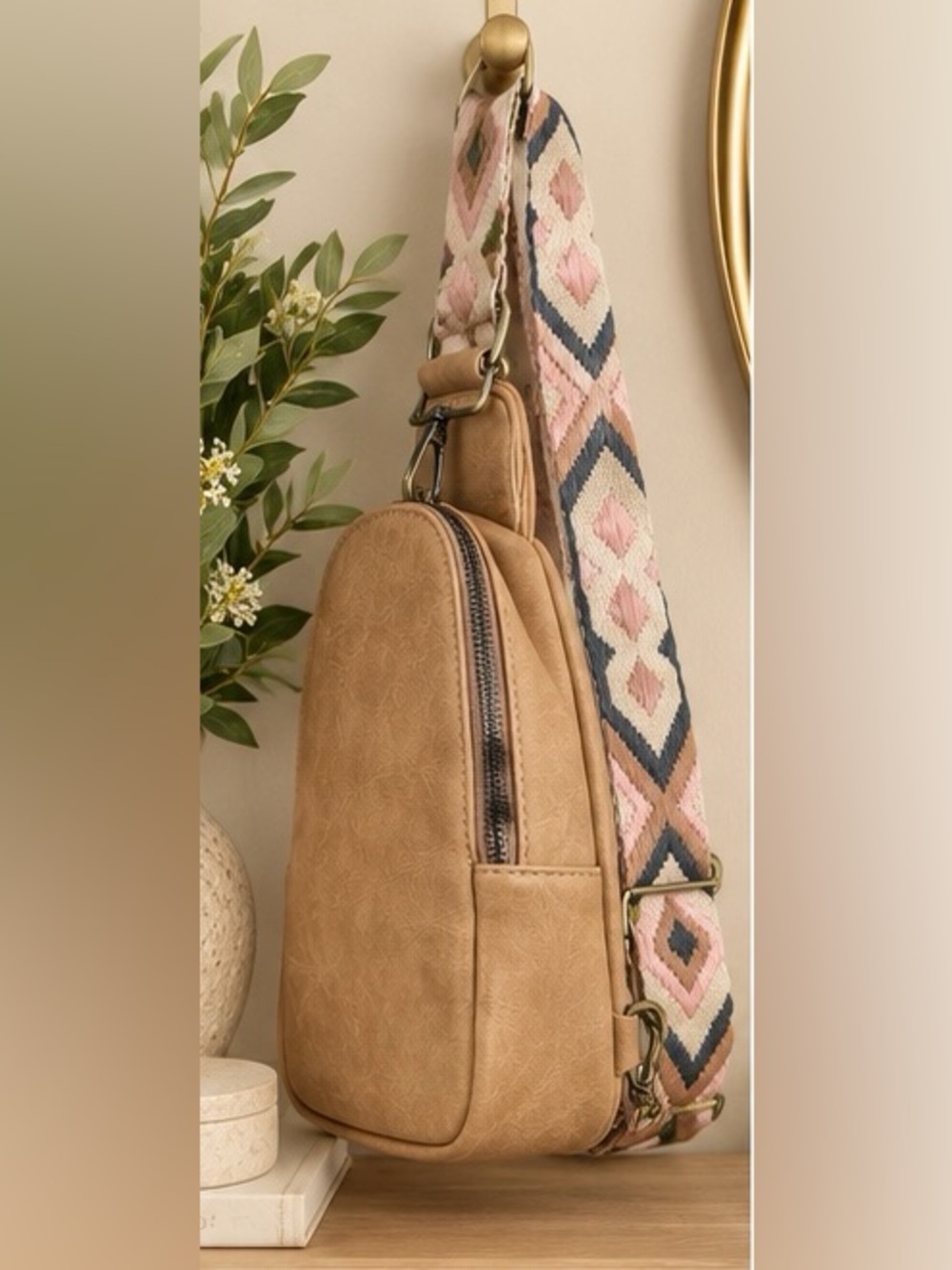 NEW Tan Boho Crossbody Sling Bag Woven Strap Vegan Leather